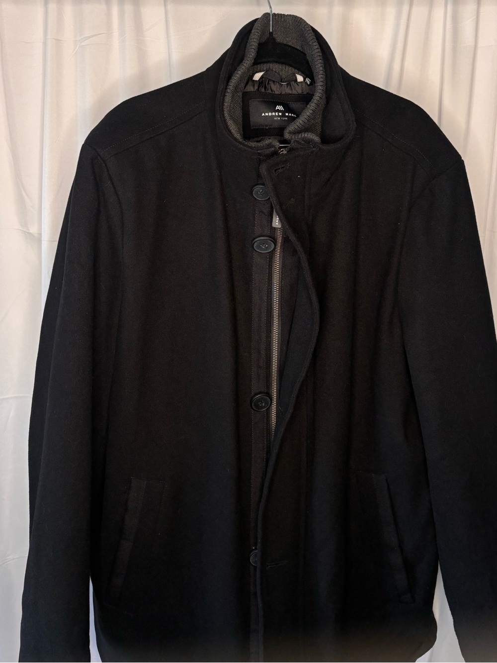 Andrew Marc Black Wool-Blend Pea Coat with Zip Placket